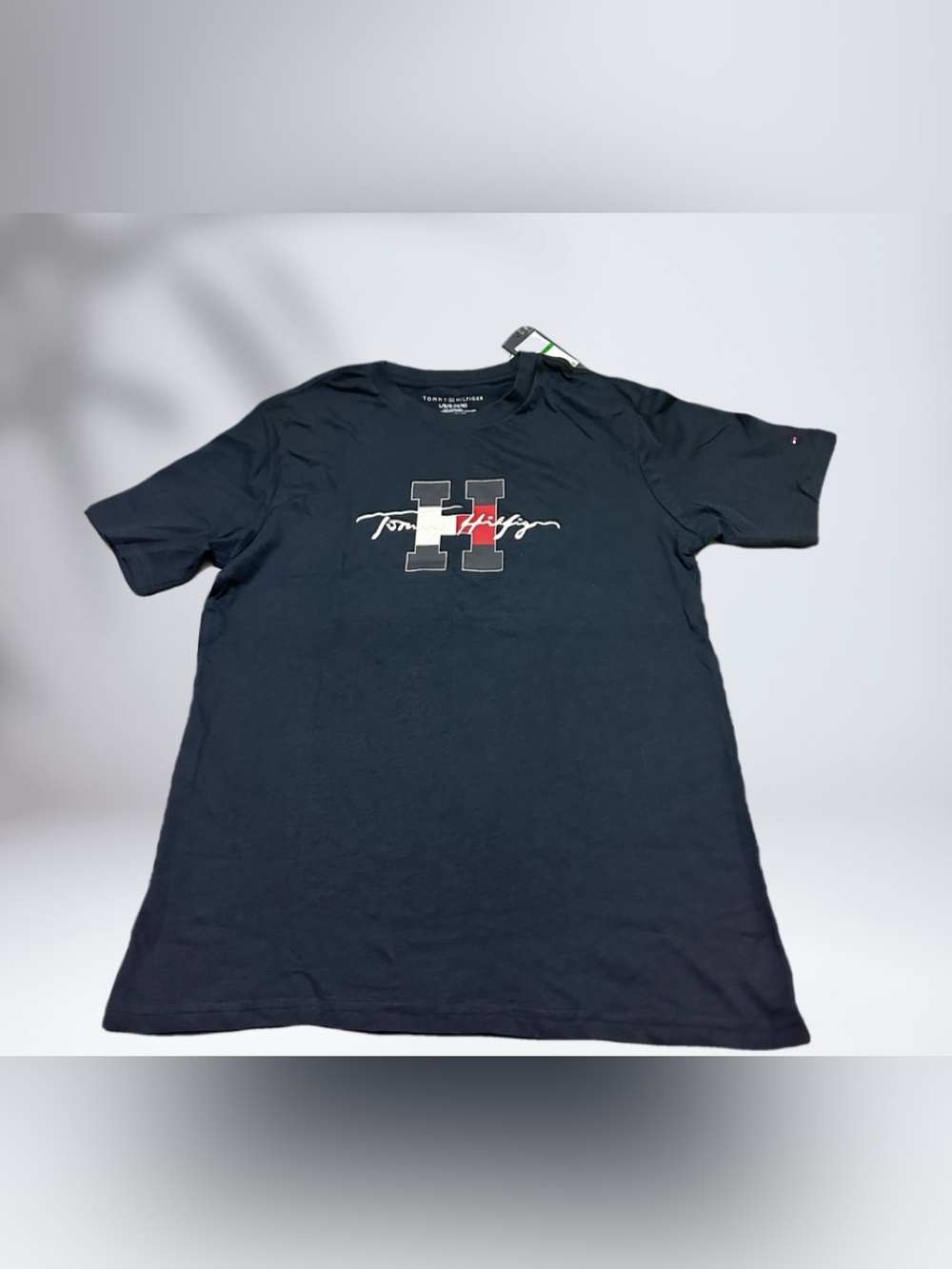 Tommy Hilfiger Navy Short Sleeve Logo Tee with Tricolor H L 14-16 Boys